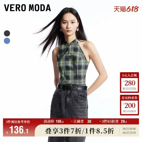 Vero Moda奥莱背心女夏季新款格纹短款无袖挂脖千禧辣妹上衣流行商品大图