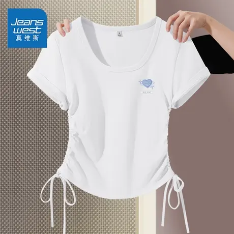 KMV真维斯白色u领短袖t恤女夏2025新款正肩显瘦辣妹抽绳短款上衣商品大图