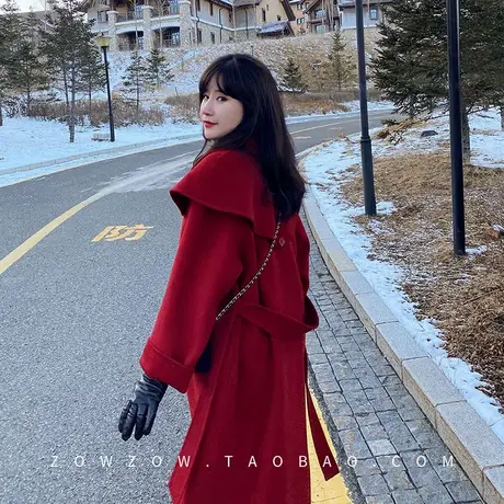 大码胖mm赫本风毛呢双面呢女冬季红色结婚200斤外套零羊绒大衣女图片