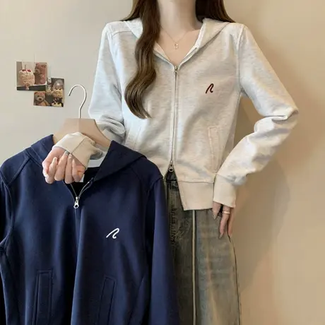 拉链开衫连帽卫衣女春秋薄款小个子短款修身显瘦上衣外套ins潮牌商品大图