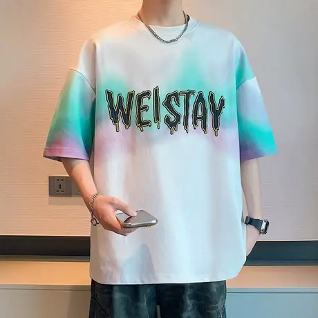 夏季冰丝短袖t恤男士2025新款潮流帅气圆领宽松渐变色印花打底衫商品大图