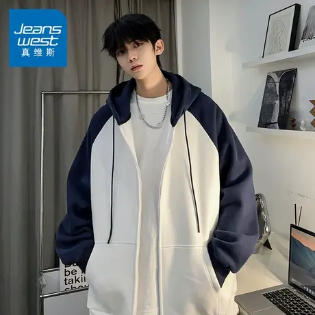 N5真维斯男士开衫卫衣2025秋季新款美式宽松重磅拼色男生春秋外套商品大图