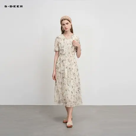 sdeer圣迪奥女装圆领印花网纱收腰泡泡袖连衣裙S242Z12D5商品大图