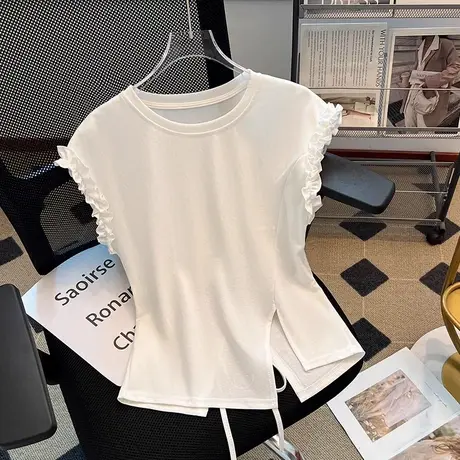 拉夏贝尔欧货圆领短袖T恤女夏季木耳边小衫宽松露腰系带百搭上衣图片