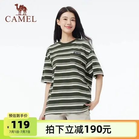 骆驼女装短袖t恤女2025夏季新款格纹宽松透气条纹棉感t女圆领上衣图片