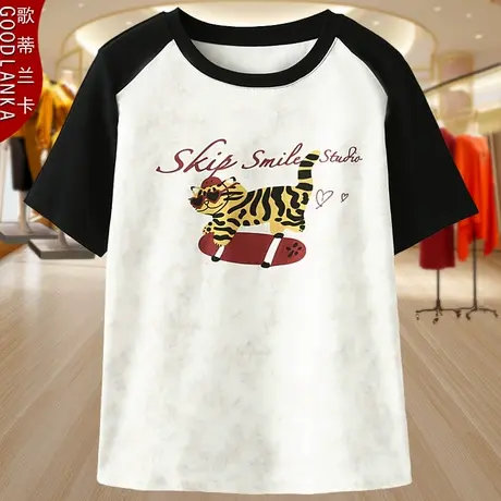 2025夏季新款中年妈妈穿的短袖T恤大码女装拼色扎染印花气质上衣商品大图