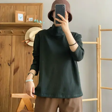 dza 复古短款纯棉加绒T恤女秋冬内搭休闲打底衫宽松加厚长袖上衣图片