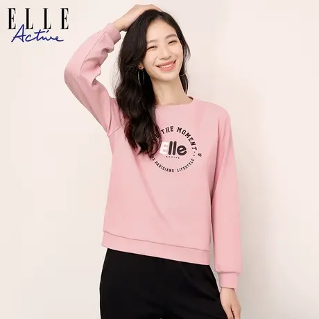 ELLE Active2025春秋圆领印花运动正肩卫衣字母减龄粉色长袖上衣商品大图