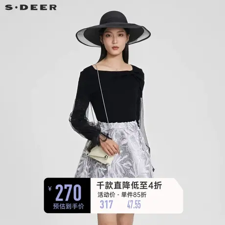 sdeer圣迪奥女装一字领网纱花边蝴蝶结针织衫S231Z3503🎾商品大图