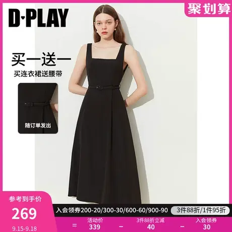 DPLAY2023夏新法式复古方领腰带收腰连衣裙赫本风无袖大摆小黑裙商品大图