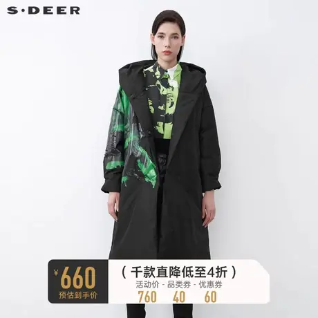 sdeer圣迪奥冬休闲连帽撞色印花长款黑色羽绒服S21482495🗡商品大图