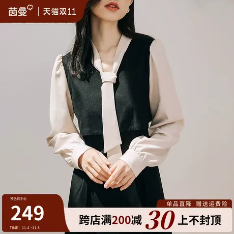 茵曼法式赫本风蝴蝶结连衣裙女2023秋冬新款高级感轻奢气质中长裙商品大图