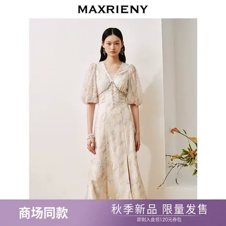 【商场同款】MAXRIENY欧式复古宫廷风蕾丝亮片绣花连衣裙v领裙子图片