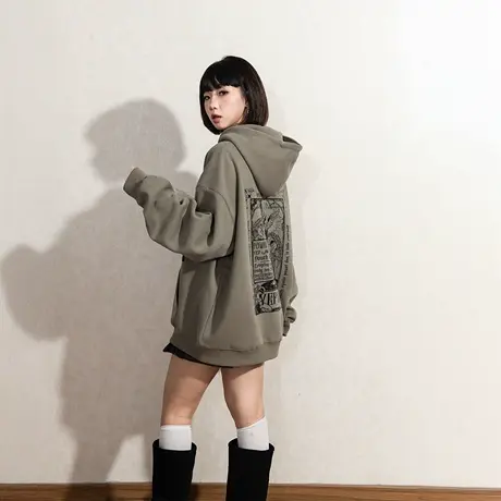 YEP复古印花连帽卫衣女春季美式帽衫宽松2025年新款套头潮牌外套商品大图