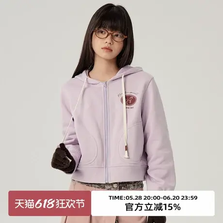 omont蛋挞家 复古印花连帽卫衣开衫2025春季宽松显瘦短款休闲外套商品大图