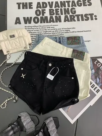 韩版金属装饰卷边牛仔短裤2024春夏新款显瘦高腰裤阔腿a字辣妹裤商品大图