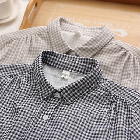 春秋季复古文艺小清新双层纱纯棉格子长袖衬衫女宽松百搭打底上衣图片