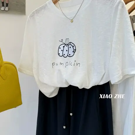 韩系刺绣南瓜图案凉感雪花棉薄款短袖t恤女夏季新款小众简约上衣商品大图