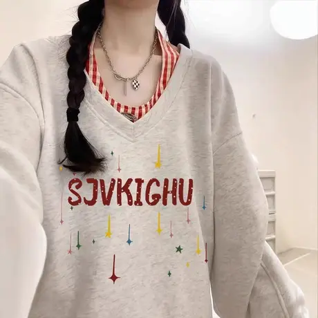 初秋氛围感穿搭卫衣女格子背心两件套春秋薄款V领小众学院风外套商品大图