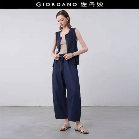 设计师款佐丹奴牛仔裤女麻感薄款大口袋松紧腰牛仔阔腿裤18415613商品大图