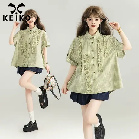 KEIKO 清新绿色格子短袖衬衫女25夏季减龄木耳边别致宽松纯棉上衣商品大图