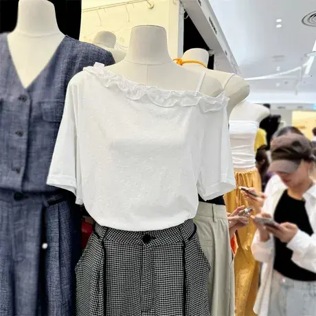 木耳花边吊带斜肩短袖T恤女夏季宽松韩版甜辣chic别致露肩上衣潮商品大图