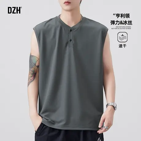 男士冰丝弹力亨利领t恤男运动健身无袖背心夏外穿显肌肉美式坎肩图片