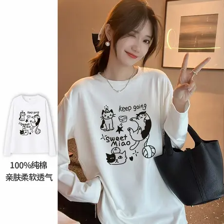 回力纯棉长袖t恤女上衣2025春秋季新款设计感中学生内搭打底衫Z1商品大图