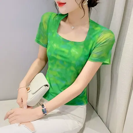 网红晕染短袖T恤女欧货设计感洋气方领上衣夏装性感网纱修身半袖商品大图