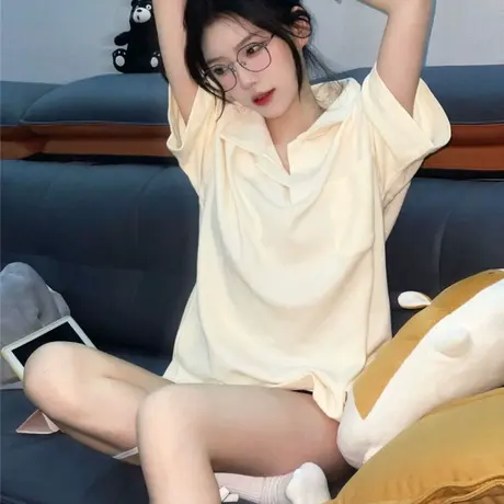 华夫格POLO衫短袖t恤女夏季宽松ins潮设计感小众oversize半袖上衣图片