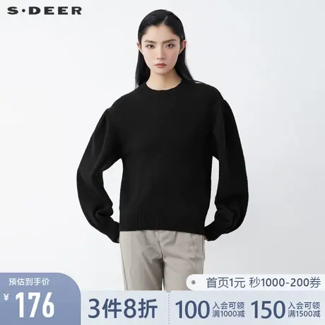 sdeer圣迪奥春装时尚罗纹圆领泡泡袖黑色毛衣女S21463512图片