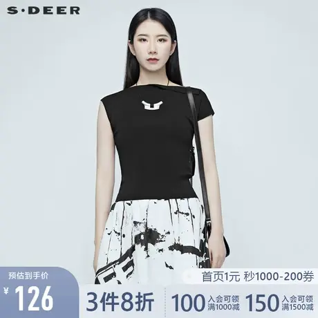 sdeer圣迪奥夏装女一字领不规则落肩紧身套头针织衫T恤S20283501图片