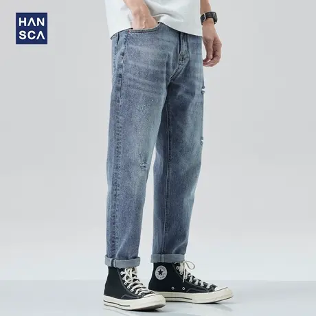 hansca夏季新款复古牛仔裤男宽松直筒潮流百搭休闲弹力破洞九分裤商品大图