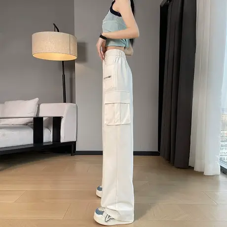 美式复古白色工装裤女春秋2025新款高腰宽松直筒运动休闲阔腿长裤图片