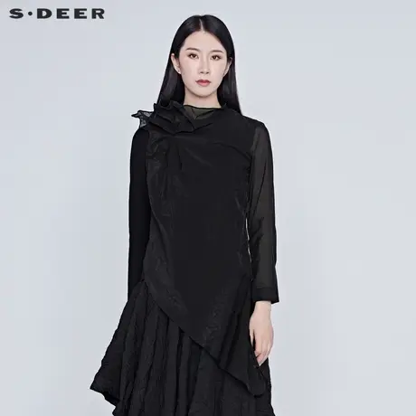 sdeer圣迪奥网纱拼接长袖T恤上衣夏款女小众设计感S20280207图片
