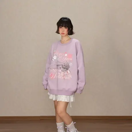 YEP复古卡通印花圆领卫衣女早秋新款设计感美式套头宽松无帽上衣商品大图