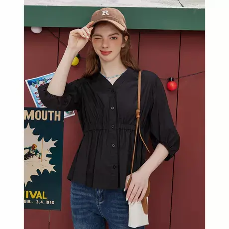 a02【100%棉】灯笼袖减龄娃娃衫2025春季气质收腰女式衬衫图片