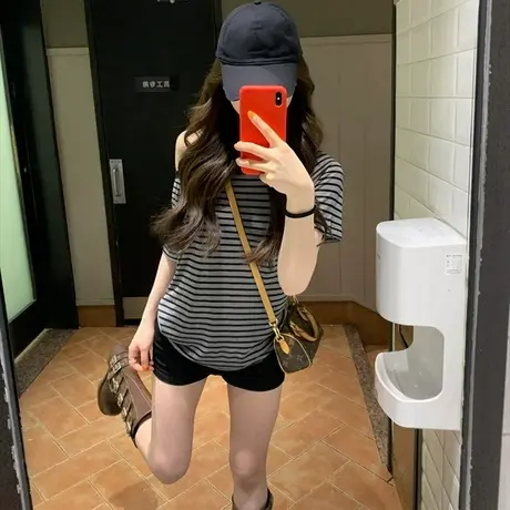韩系chic甜辣斜领露肩短袖T恤女夏季宽松韩版纯欲性感条纹上衣潮商品大图