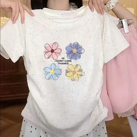 彩虹波点修身短袖t恤女新款夏季高级感正肩圆领短袖褶皱收腰上衣商品大图