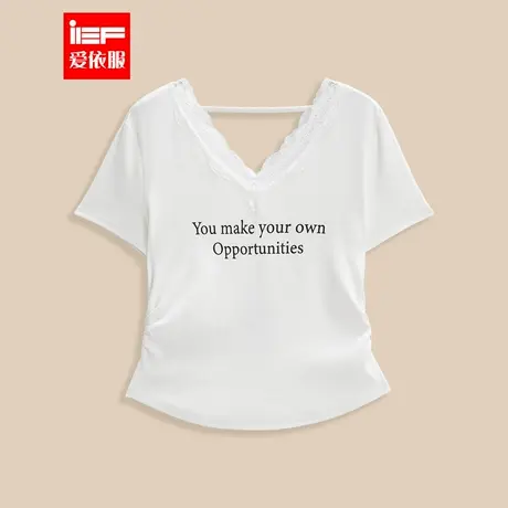 IEF/爱依服2025夏季新款韩版时尚字母印花蕾丝拼接设计百搭上衣图片