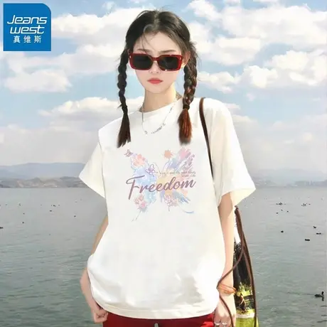 KHV真维斯短袖t恤上衣女2025夏季新款独特漂流超好看纯棉宽松上衣商品大图