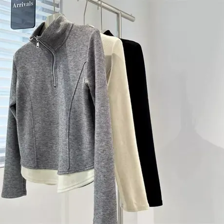 立领半拉链假两件长袖T恤女秋冬德绒磨毛保暖打底衫内搭修身上衣商品大图