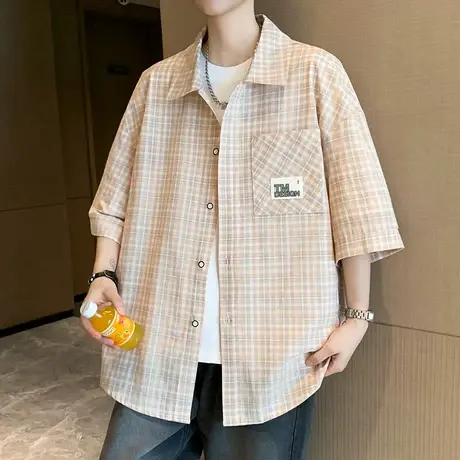 格子短袖衬衫男夏季2025新款宽松休闲纯棉半袖衬衣男生青少年外套商品大图