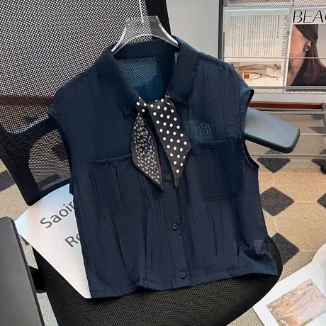 拉夏贝尔polo领无袖背心女夏高级感2025新款丝巾系带气质上衣衬衫图片