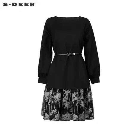 sdeer圣迪奥女装圆领收腰绣花网纱长袖连衣裙S244Z1284商品大图