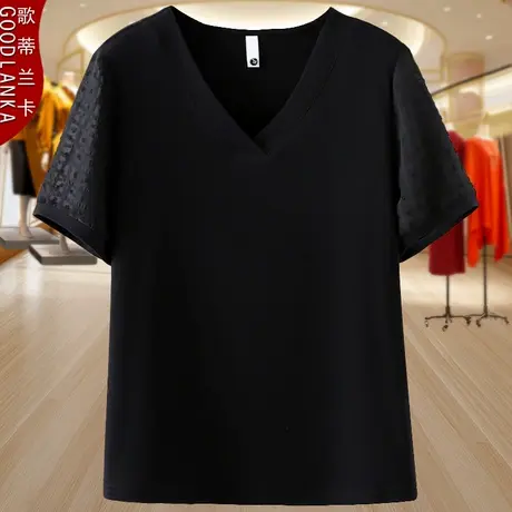 大码女装适合妈妈穿的T恤宽松遮肉雪纺袖拼接纯棉V领百搭正肩上衣商品大图