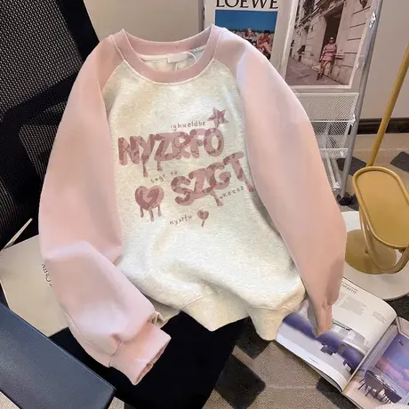 胖mm大码宽松长袖卫衣女秋冬加绒ins潮牌粉色插肩袖甜酷外套上衣商品大图