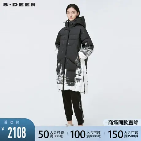 sdeer圣迪奥冬装新款时尚高领连帽字母印花长款羽绒服女S21482446商品大图