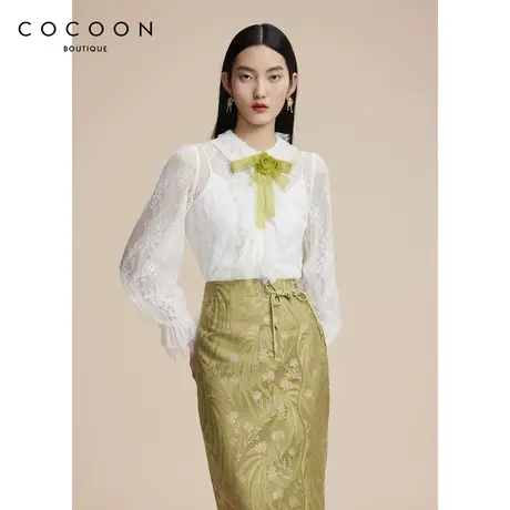 可可尼COCOON商场同款时尚上衣2024秋冬新款女喇叭袖蝴蝶结蕾丝衫商品大图