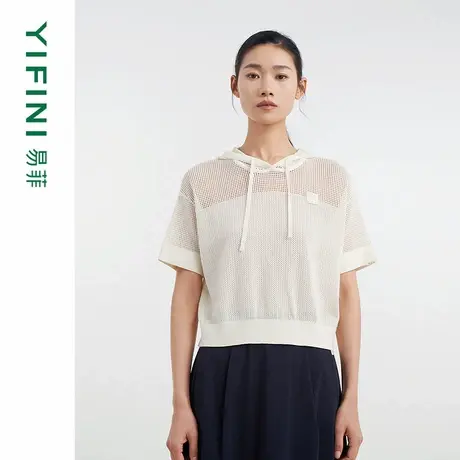 [专柜同款]Yifini/易菲100高捻棉镂空挑孔针织连帽卫衣女D04W1201商品大图